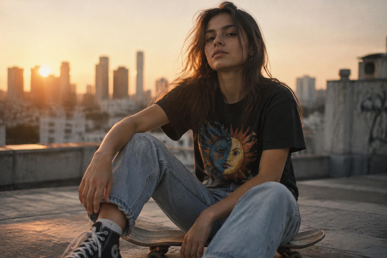 A young woman in a graphic tee sitting on a skateboard on a rooftop at sunset